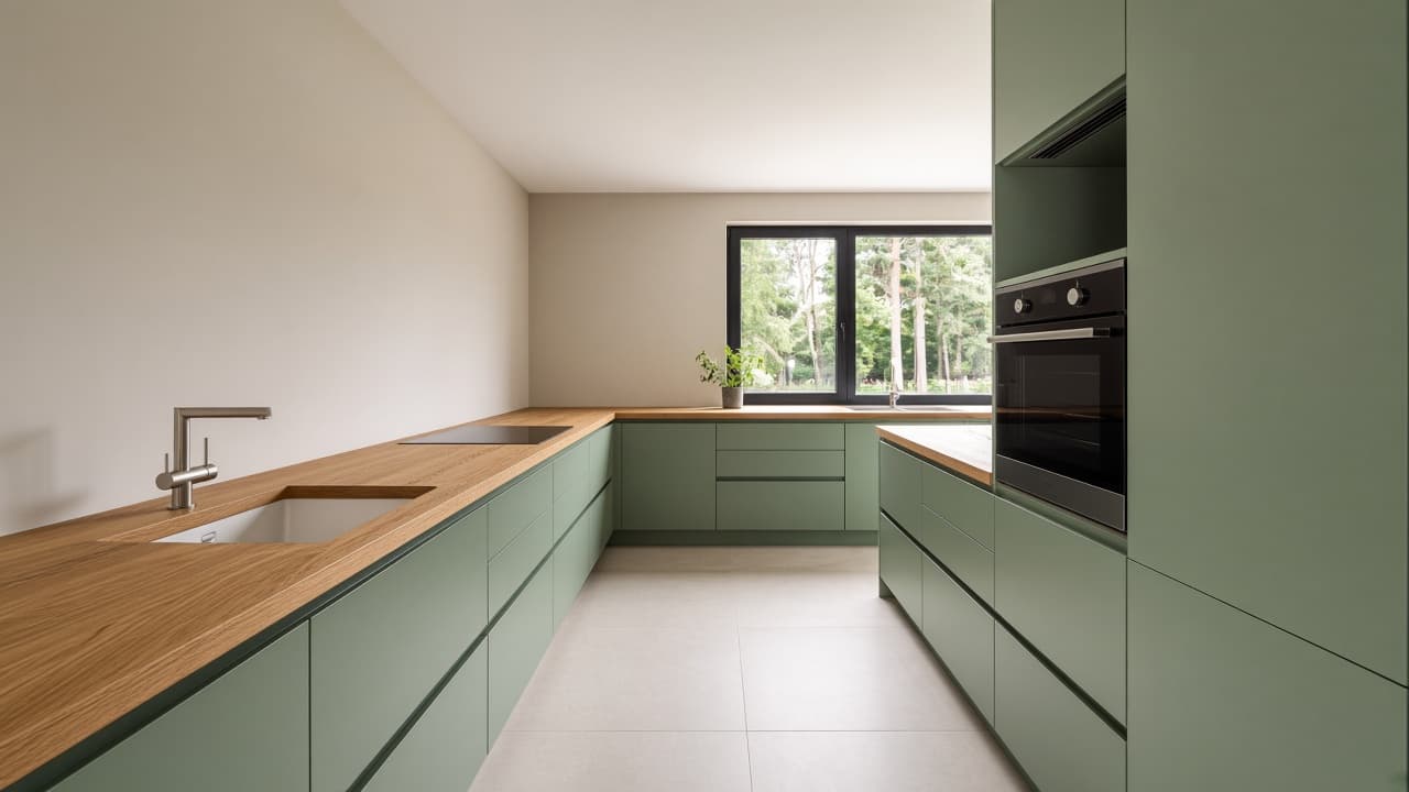 Kuchnia bez górnych szafek: minimalistyczna kuchnia, 12–20 m², w układzie dwurzędowym