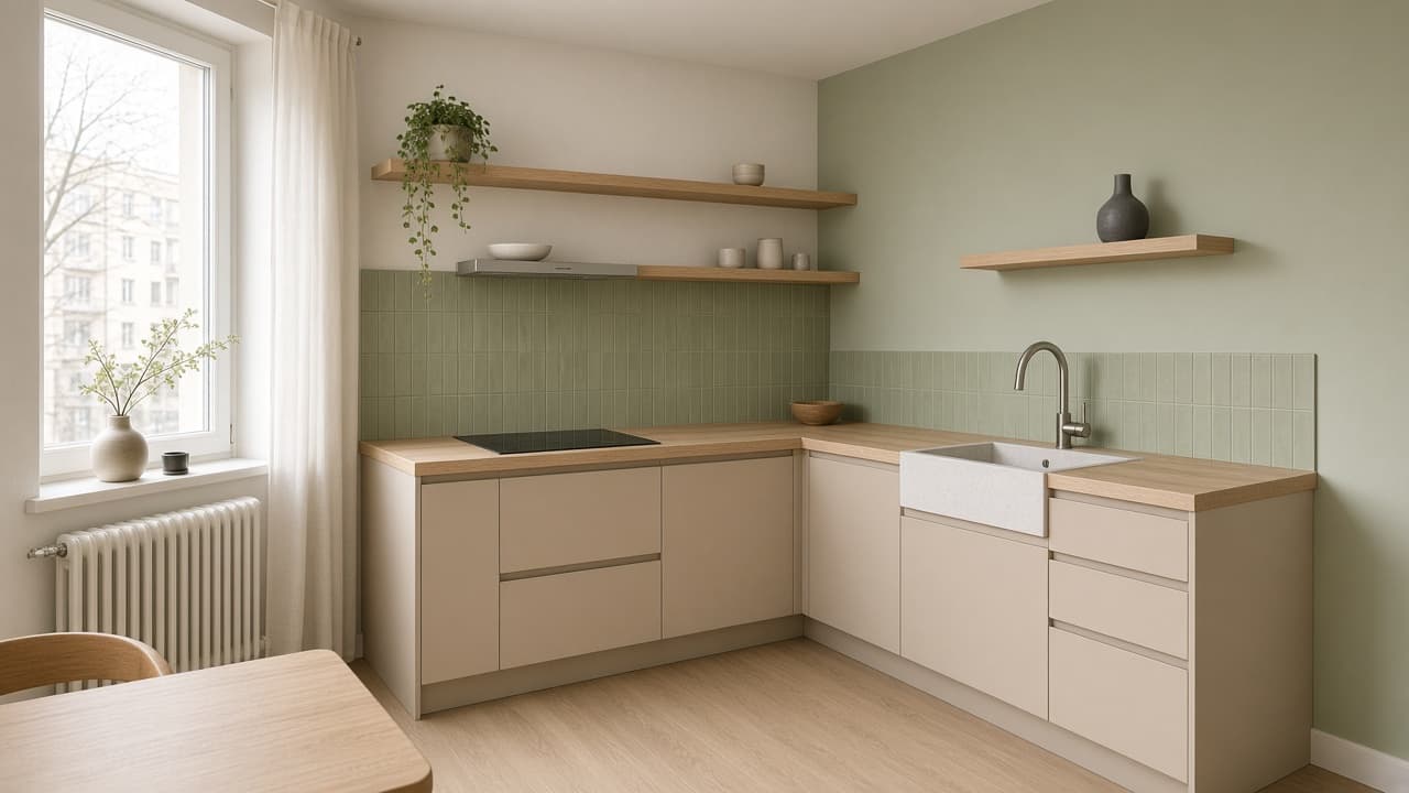 Kuchnia w stylu japandi: kuchnia japandi, 6–9 m², na planie litery L