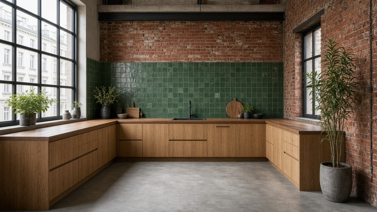 Kuchnia drewniana: kuchnia loft, powyżej 20 m², na planie litery U