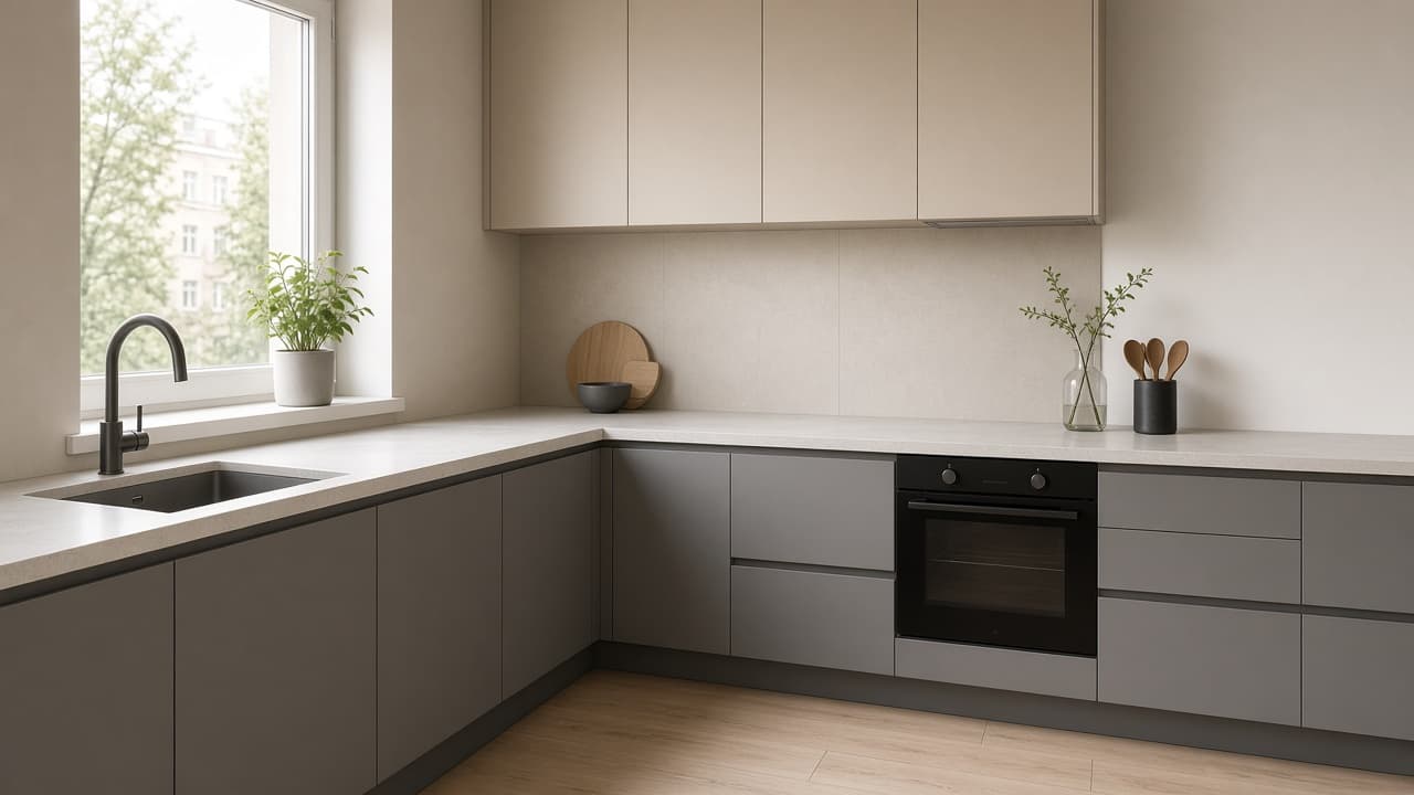 Kuchnia w odcieniach szarości: nowoczesna kuchnia, 6–9 m², na planie litery L