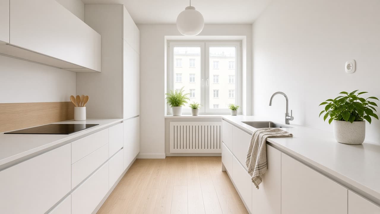 Kuchnia w stylu skandynawskim: skandynawska kuchnia, 6–9 m², w układzie dwurzędowym