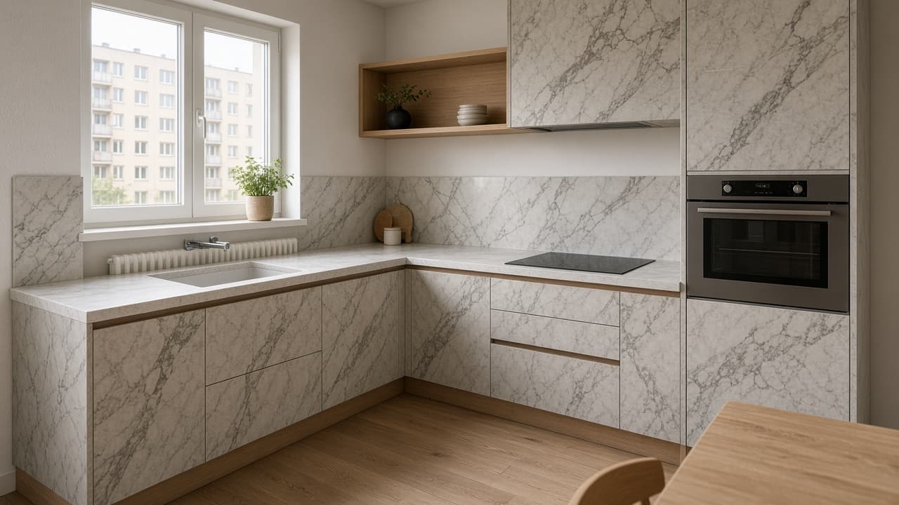 Kuchnia w bloku z wielkiej płyty: minimalistyczna kuchnia, 6–9 m², na planie litery L