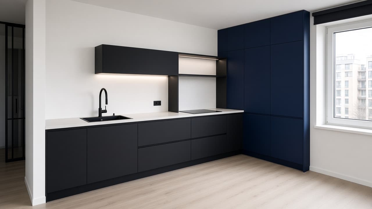 Kuchnia w kształcie litery L: minimalistyczna kuchnia, 9–12 m², na planie litery L