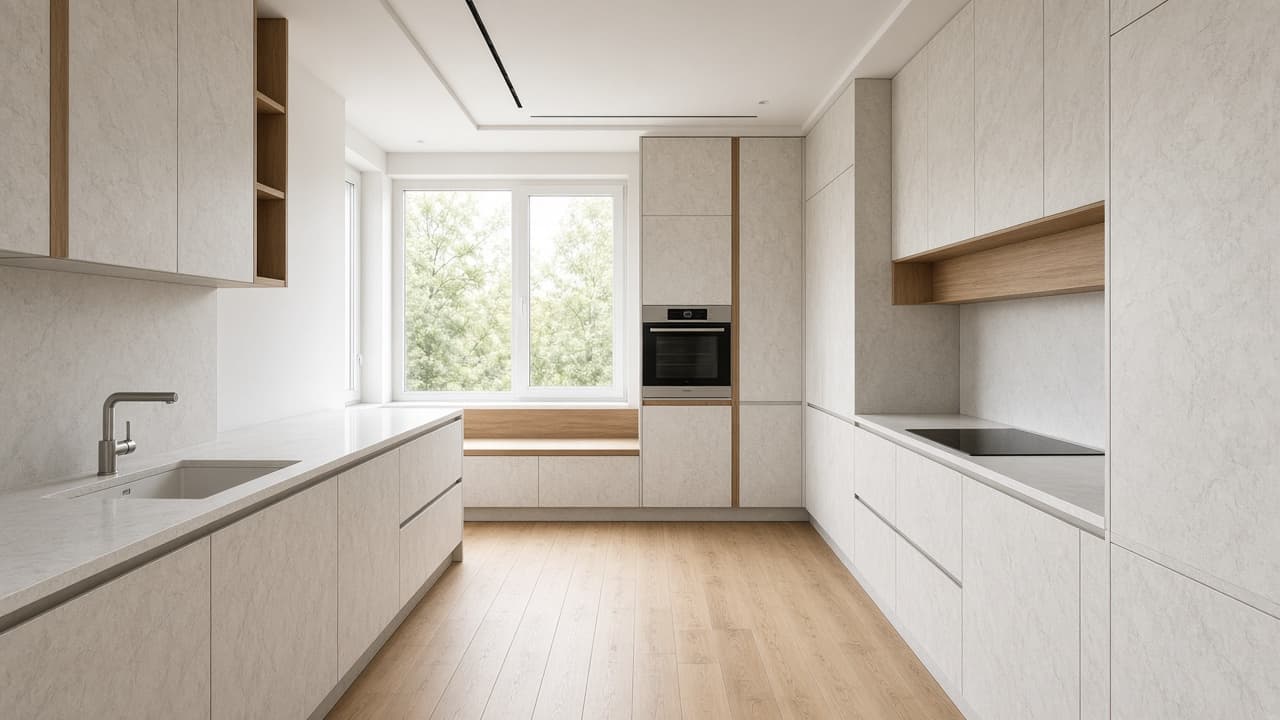 Kuchnia dwurzędowa: minimalistyczna kuchnia, powyżej 20 m², w układzie dwurzędowym