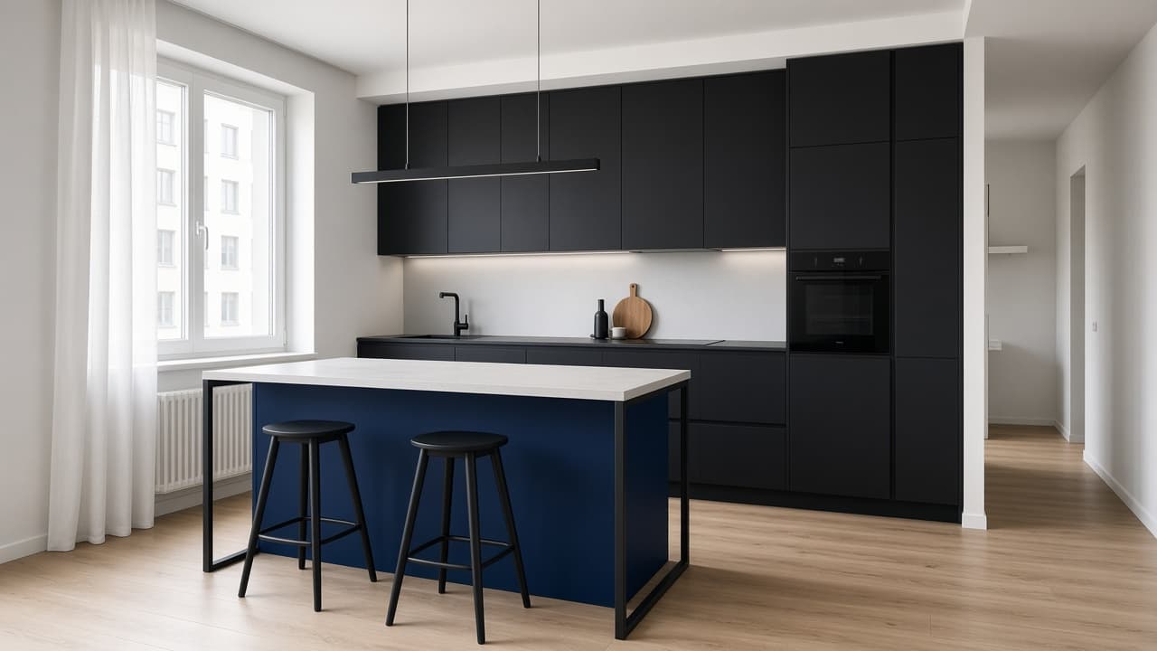 Kuchnia z wyspą i barkiem: minimalistyczna kuchnia, do 6 m², z wyspą