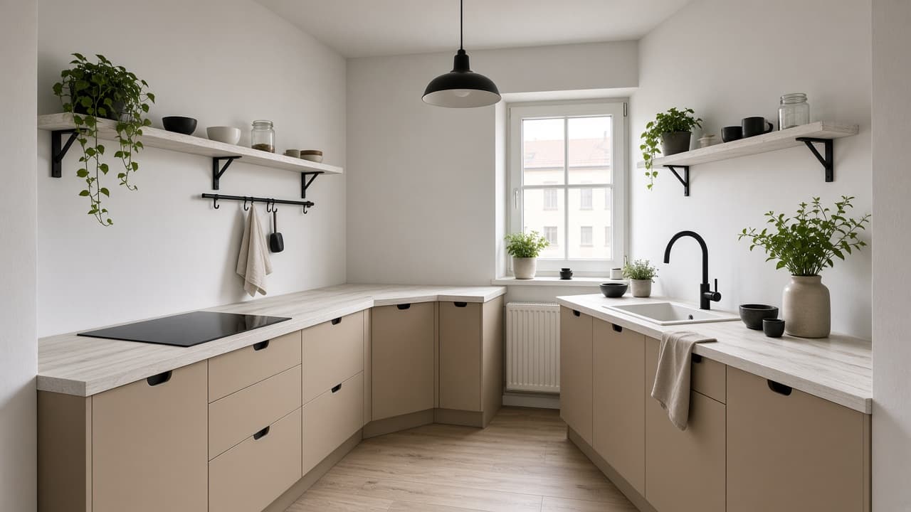 Mała kuchnia w bloku: kuchnia loft, 6–9 m², na planie litery U
