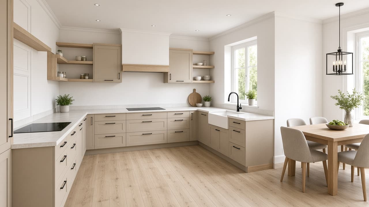 Kuchnia z jadalnią: kuchnia modern farmhouse, 12–20 m², na planie litery U