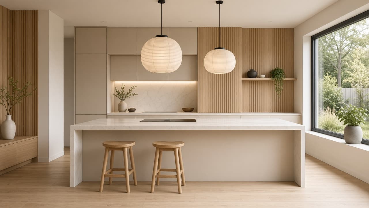 Kuchnia z wyspą: kuchnia japandi, 12–20 m², z wyspą